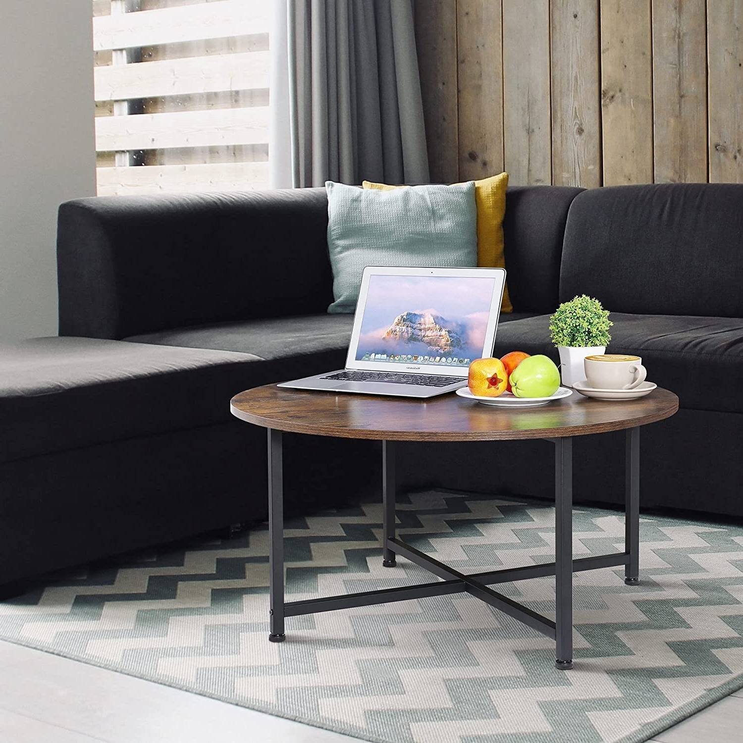 Back. Hivvago - Modern Round Industrial Coffee Table with Rustic Brown Wood Top - brown.
