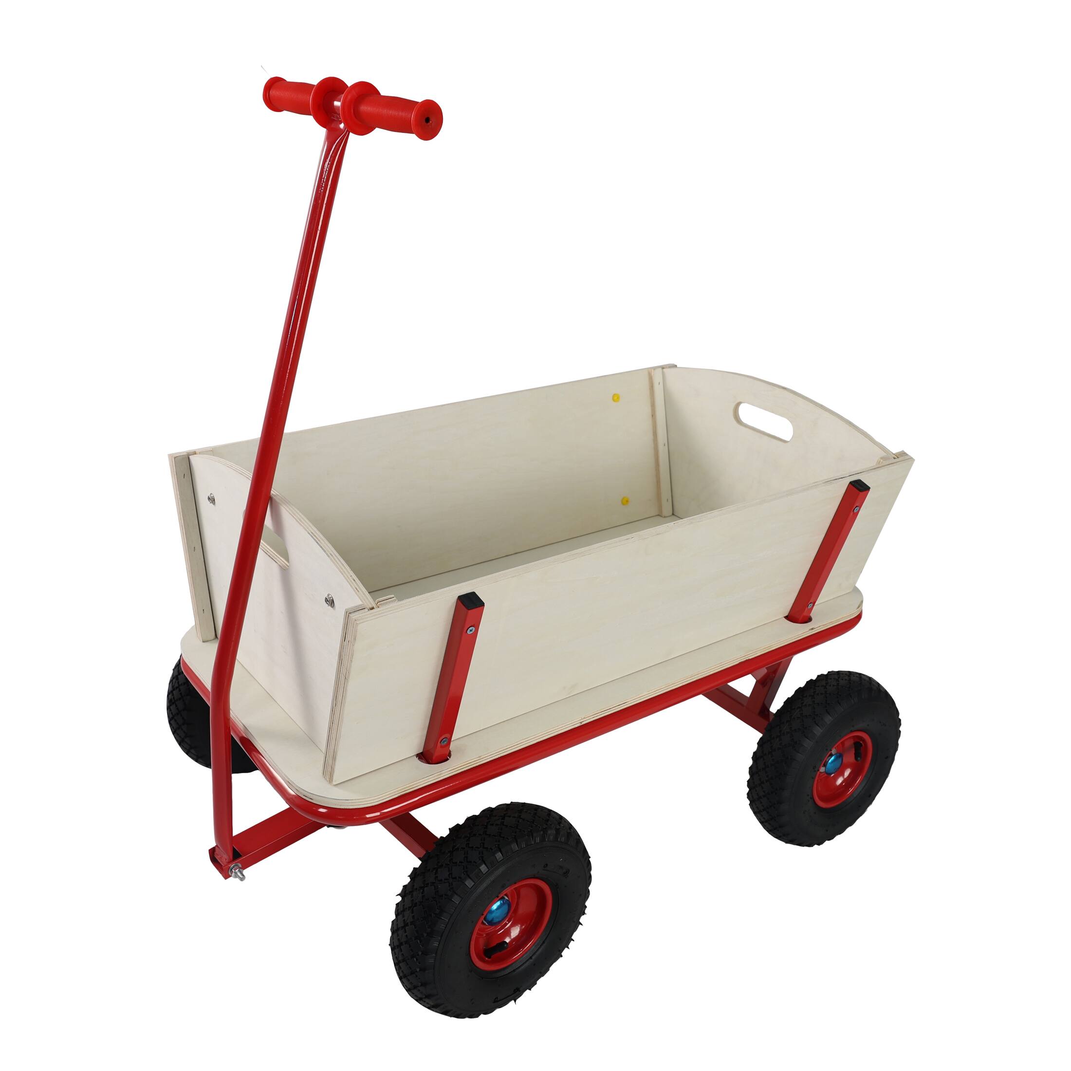 Back. Whisen - Outdoor Wagon Garden Cart, Wooden Carriage with Durable Metal Frame, 260 lbs Capacity, Kids Utility Toy - Red.