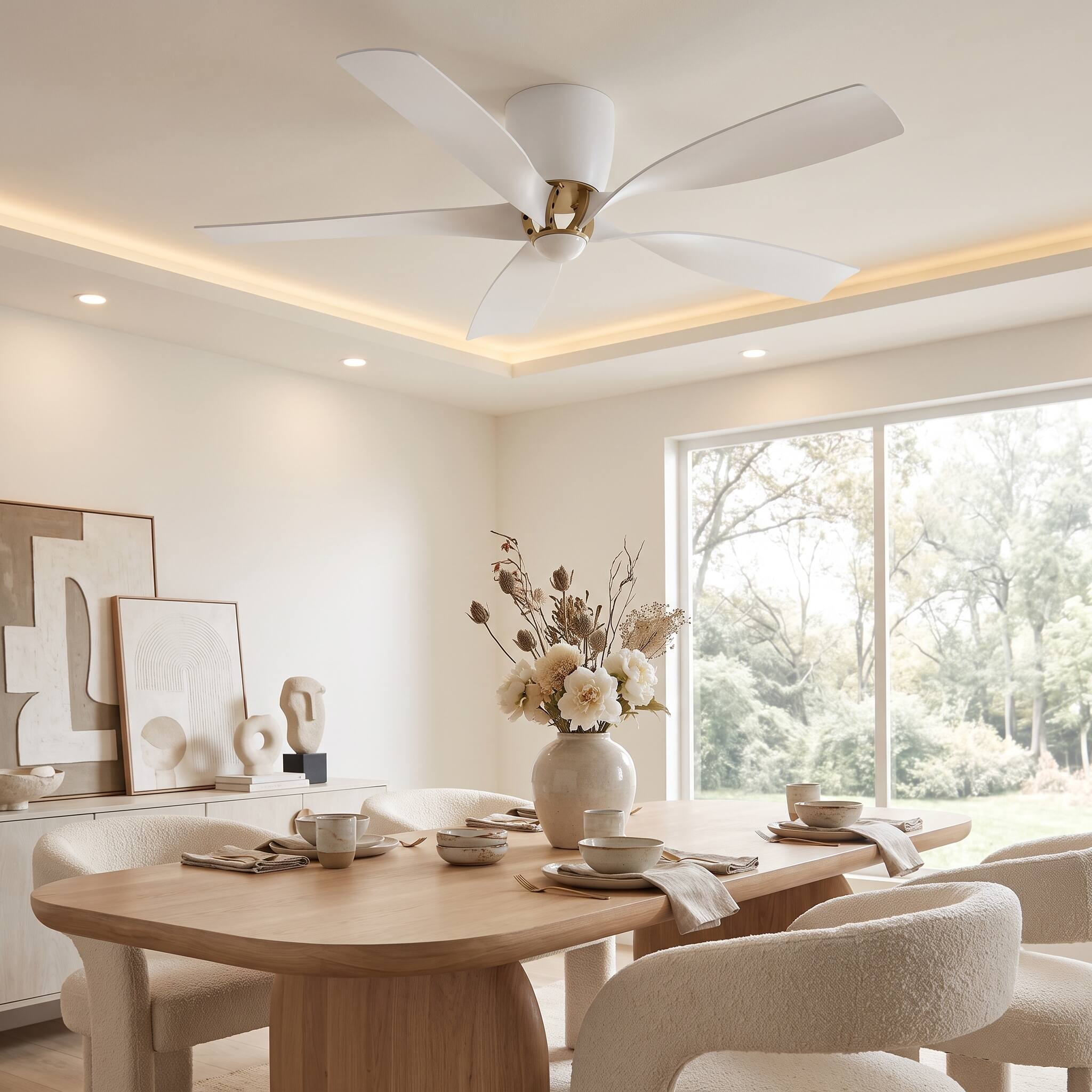 Left. Parrot Uncle - 52" Modern 5 Blades 6-Speed Flush Mount Low Profile Ceiling Fan with Remote, No Light - White.