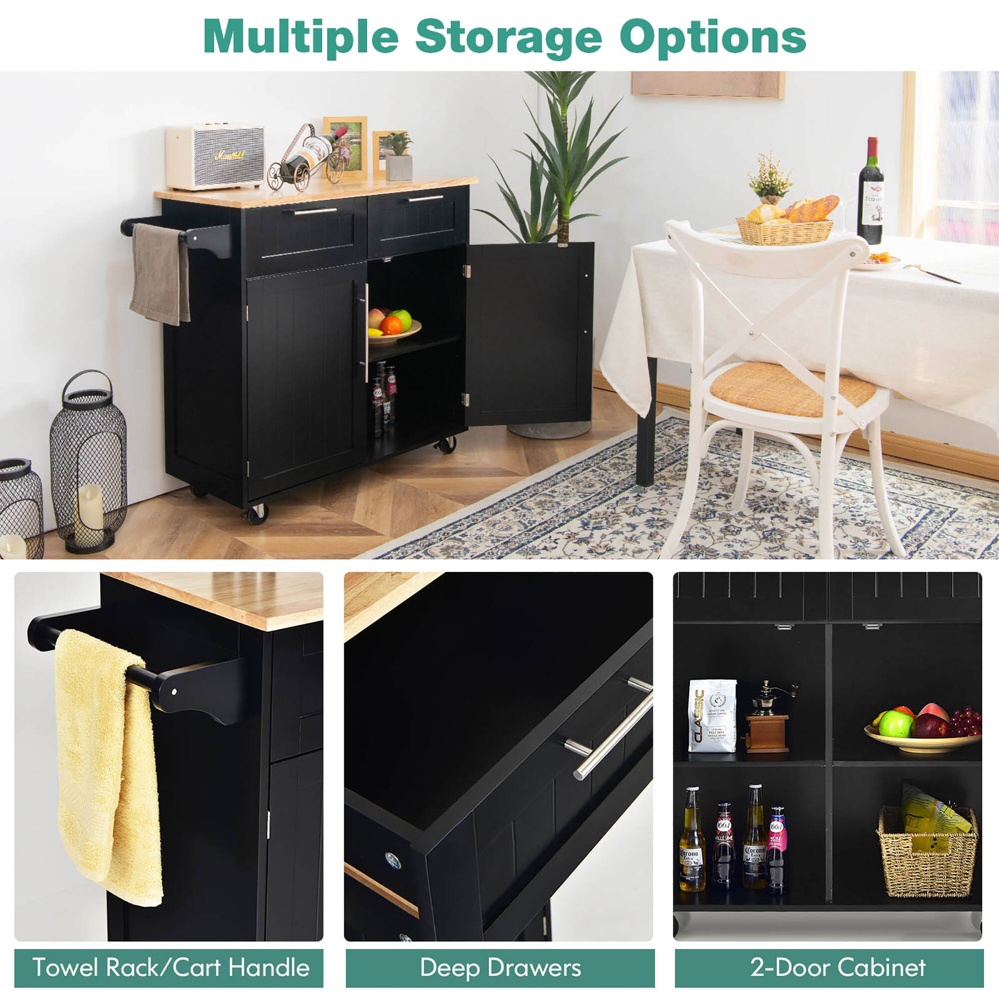 Multiple Storage Options

Towel Rack/Cart Handle

Deep Drawers

2-Door Cabinet