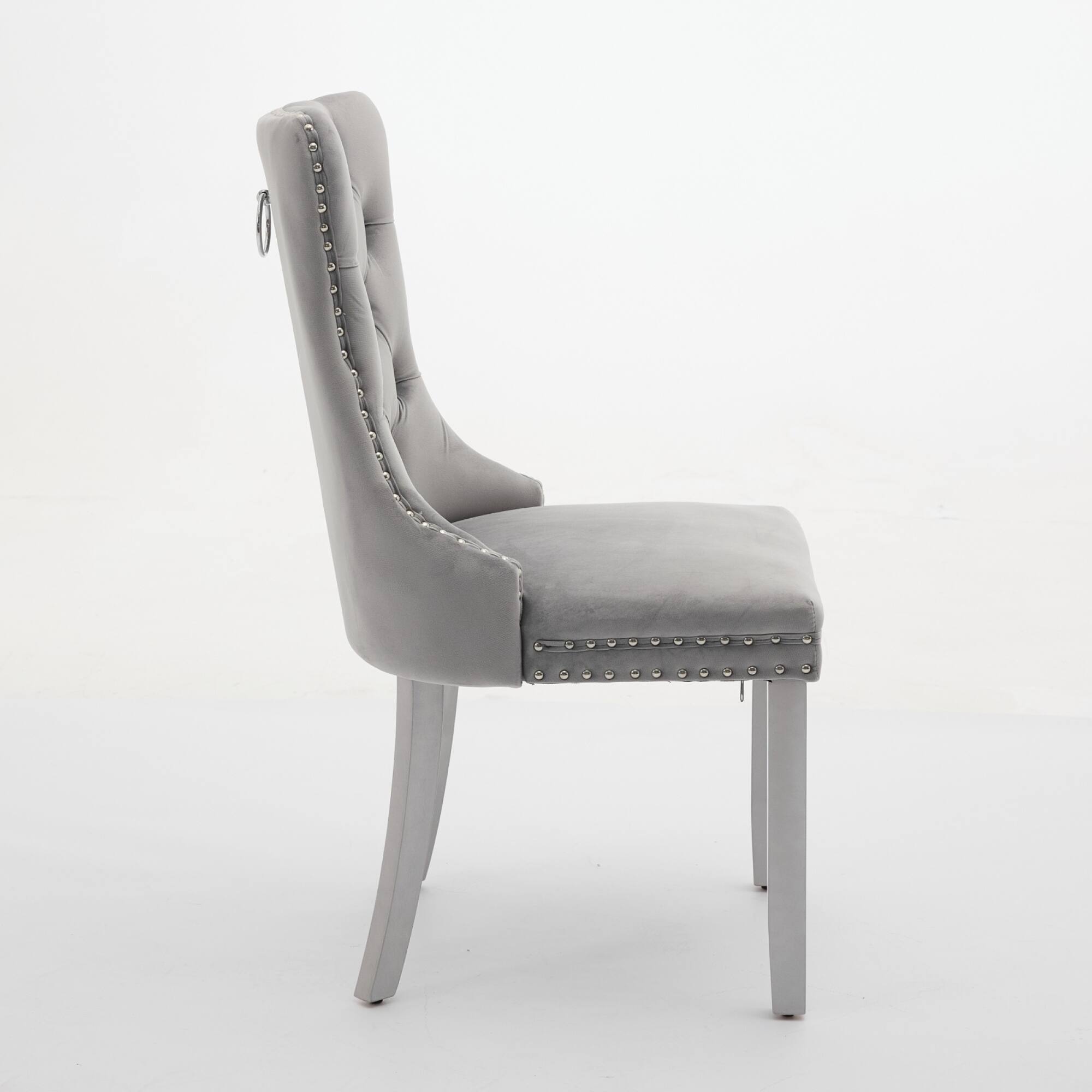 Back. GOODSILO - Modern High-End Tufted Velvet Upholstered Dining Chairs with Solid Wood Legs and Nailhead Trim, Set of 2 - Light Gray.