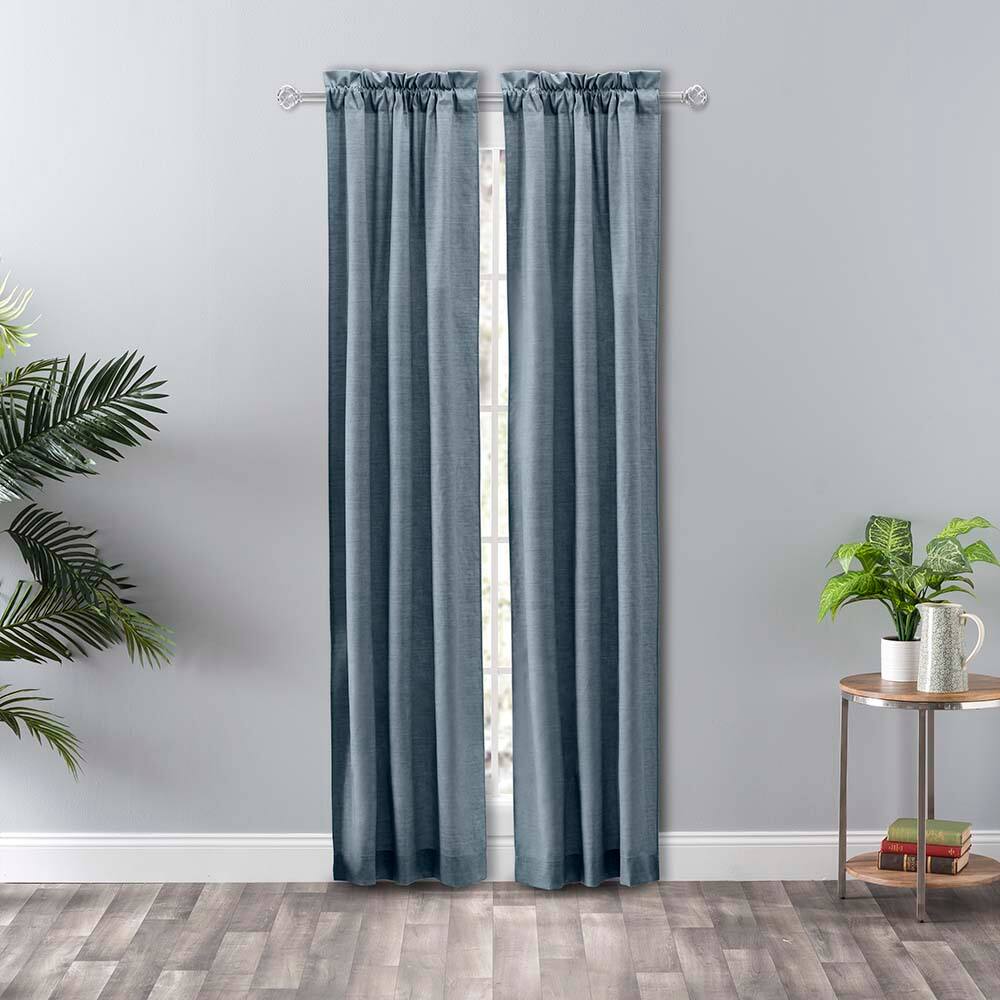 Front. Ellis Curtain - Ellis Curtain Lisa Solid Poly Cotton Duck Fabric Tailored Panel Pair with Ties 56" x 84" Dusty Blue - Dusty blue.