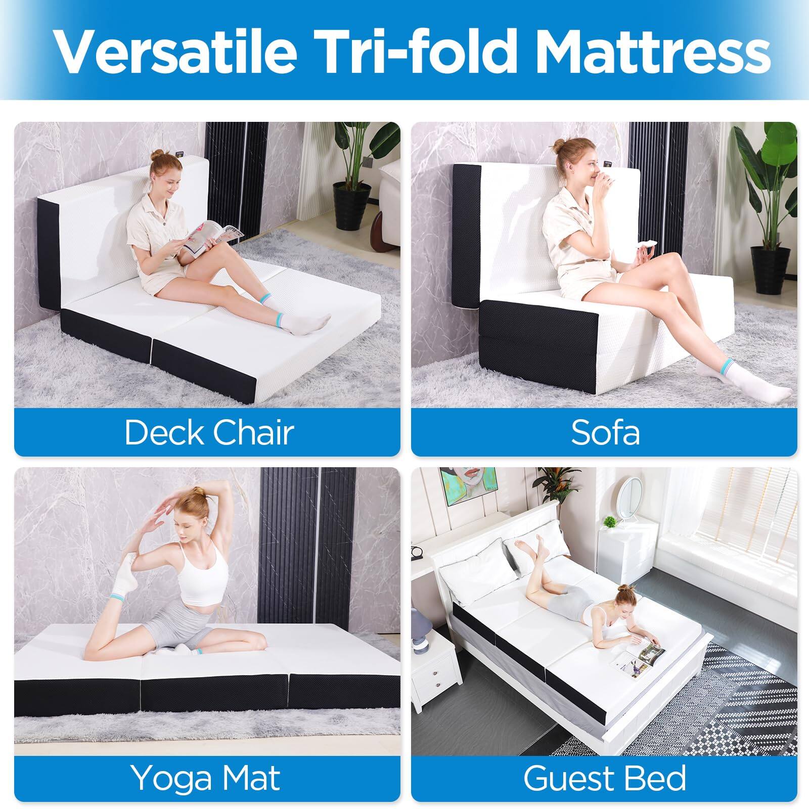 Versatile Tri-fold Mattress

Deck Chair

Sofa

Yoga Mat

Guest Bed