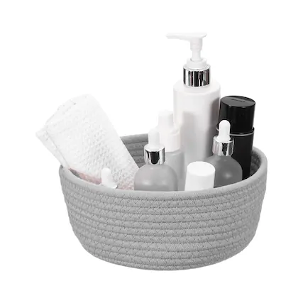 Front. Unique Bargains - Small Cotton Rope Woven Storage Basket, 9.1x3.6" Tiny Round Bin, Cute Nursery Container for Shelves Closet Home - Light Gray.