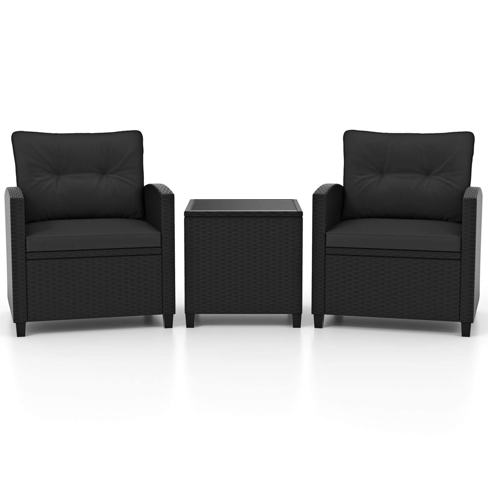 Alt View 1. Costway - 3 PCS Patio Furniture Set with Tempered Glass Coffee Table Washable Cushions - Black.
