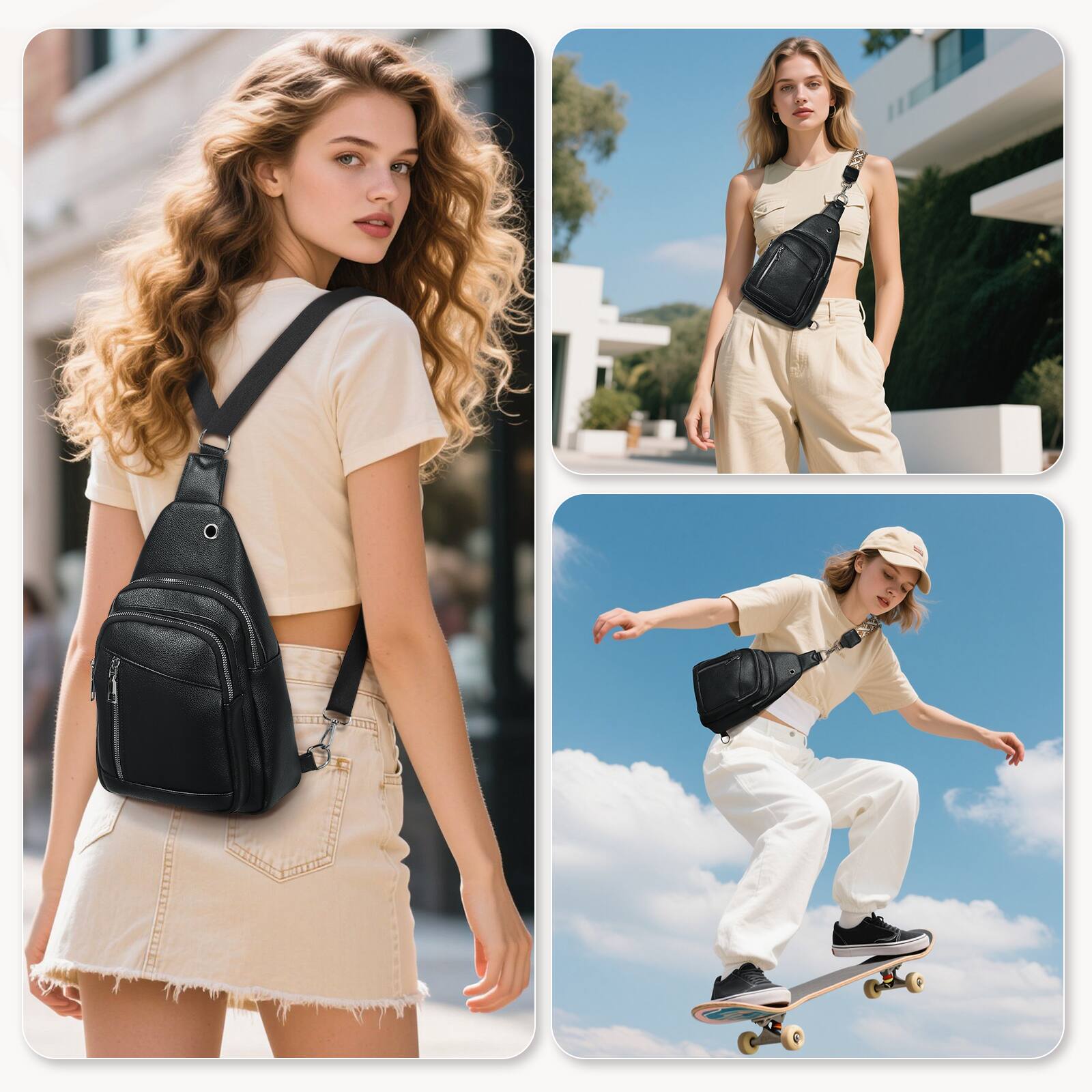 Alt View 1. Unique Bargains - Anti Theft Sling Bag 2 in 1 PU Leather 8.3" Convertible Crossbody Bags Fanny Pack Backpack with 2 Removable Straps - Black.