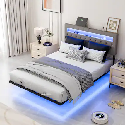 Front. Winado - Full Metal Modern Floating Platform Bed Frame with Adjustable Headboard,Charging Station/LED Lights,No Box Spring Needed - Grey.