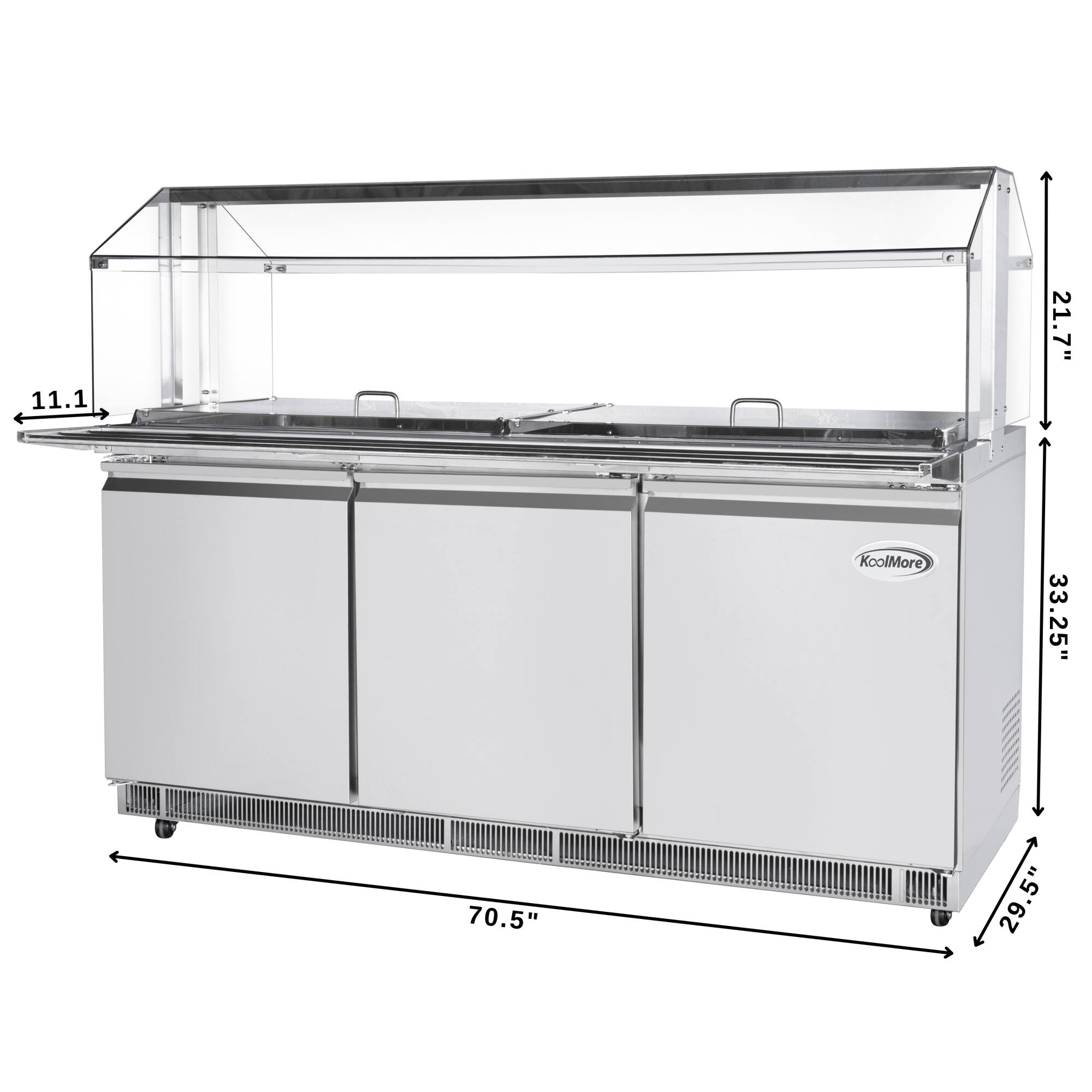 The text on the image reads: 11.1 21.7" KoolMore 33.25" 70.5' 29.5". This information is likely related to the dimensions of the stainless steel refrigerator or freezer. The numbers indicate the height, width, and depth of the appliance.