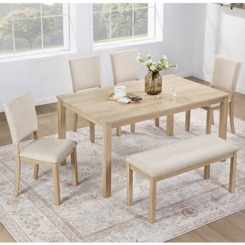 Angle. LUCKY ONE - 6-Piece Dining Set with 58.5" Wooden Rectangular Dining Table, Bench and 4 Upholstered Chairs - Beige,Light Oak.