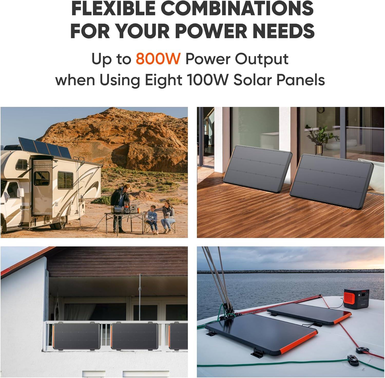 The text on the image is grouped as follows:
"FLEXIBLE COMBINATIONS FOR YOUR POWER NEEDS"
"Up to 800W Power Output when Using Eight 100W Solar Panels"