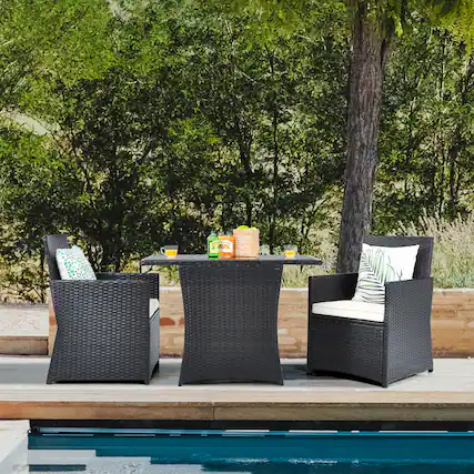 Front. Gymax - Gymax 3PCS Patio Wicker Bistro Set PE Rattan Dining Table Set w/ White Cushions - White.