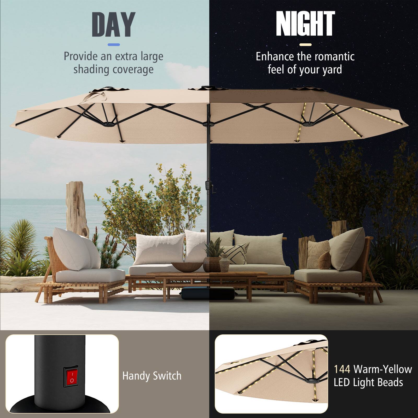 The image features an umbrella that is open during the day and night. The umbrella is designed to provide extra large shading coverage during the day, while at night, it enhances the romantic feel of your yard. The umbrella also comes with a handy switch and 144 warm-yellow LED light beads, adding to its functionality and aesthetic appeal.