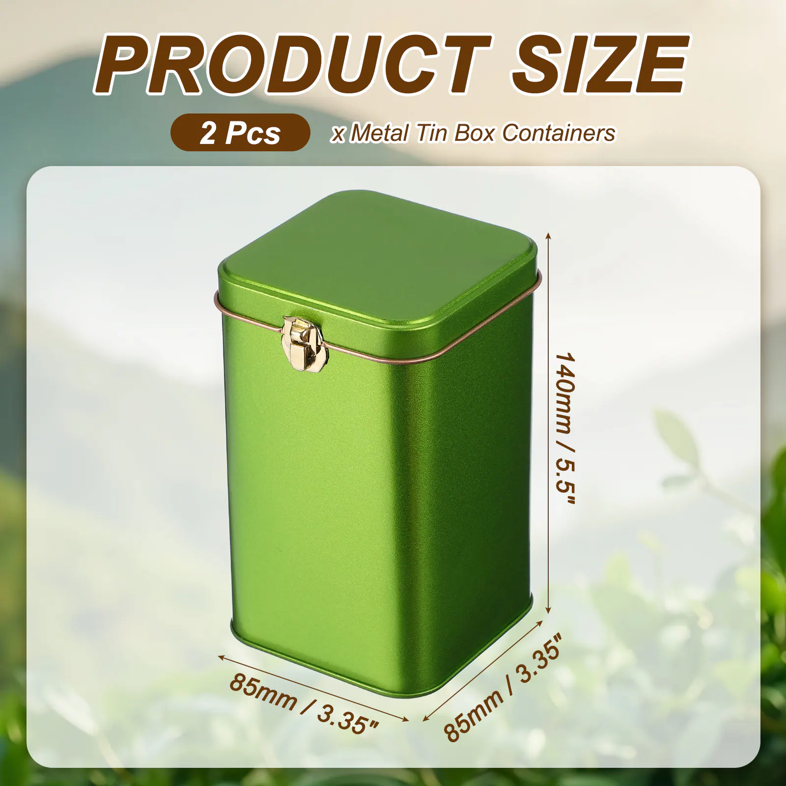 PRODUCT SIZE  
2 Pcs x Metal Tin Box Containers  
140mm / 5.5"  
85mm / 3.35"