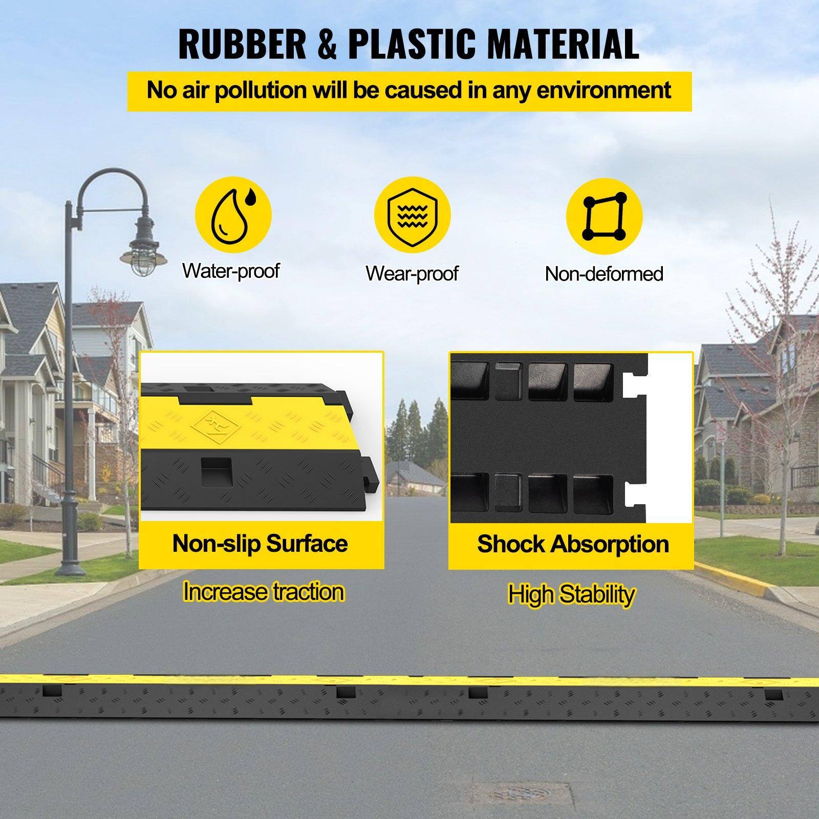 RUBBER & PLASTIC MATERIAL  
No air pollution will be caused in any environment  

- Water-proof  
- Wear-proof  
- Non-deformed  

Non-slip Surface  
Increase traction  

Shock Absorption  
High Stability