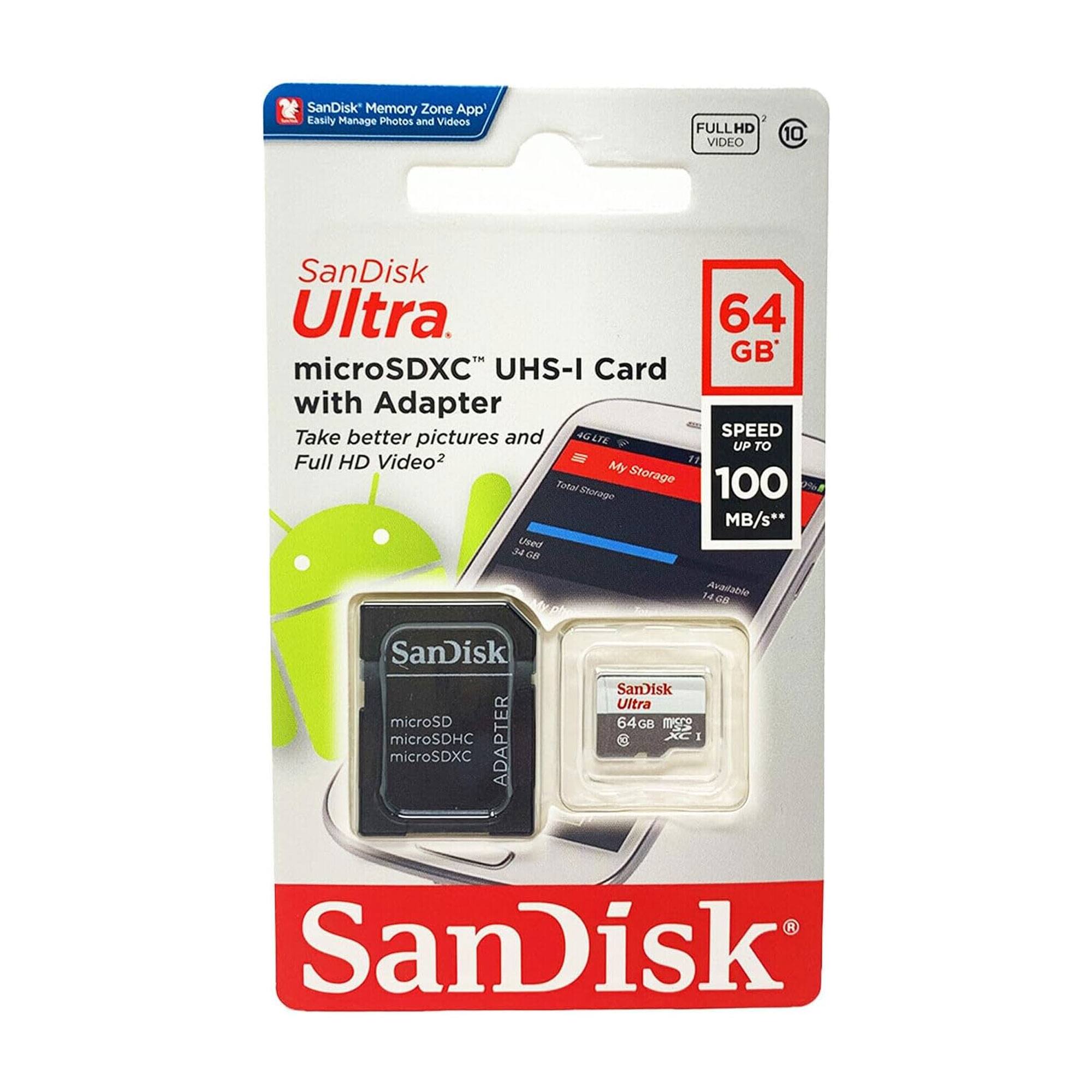 SanDisk Memory Zone App  
Easily Manage Photos and Videos  

SanDisk Ultra  
microSDXC™ UHS-I Card with Adapter  

Take better pictures and Full HD Video²  

64 GB  

SPEED UP TO 100 MB/s**  

FULL HD VIDEO  

SanDisk microSD microSDHC microSDXC ADAPTER  

SanDisk Ultra 64GB microSDXC UHS-I Card with Adapter  

My Storage  

Available Storage  

Total Storage  

SanDisk