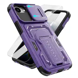 Dteck - Rugged Stand Case for Apple iPhone 17e / 16e,Shockproof Heavy Duty Cover With Sliding Lens Cover+Tempered Glass Flim - Purple