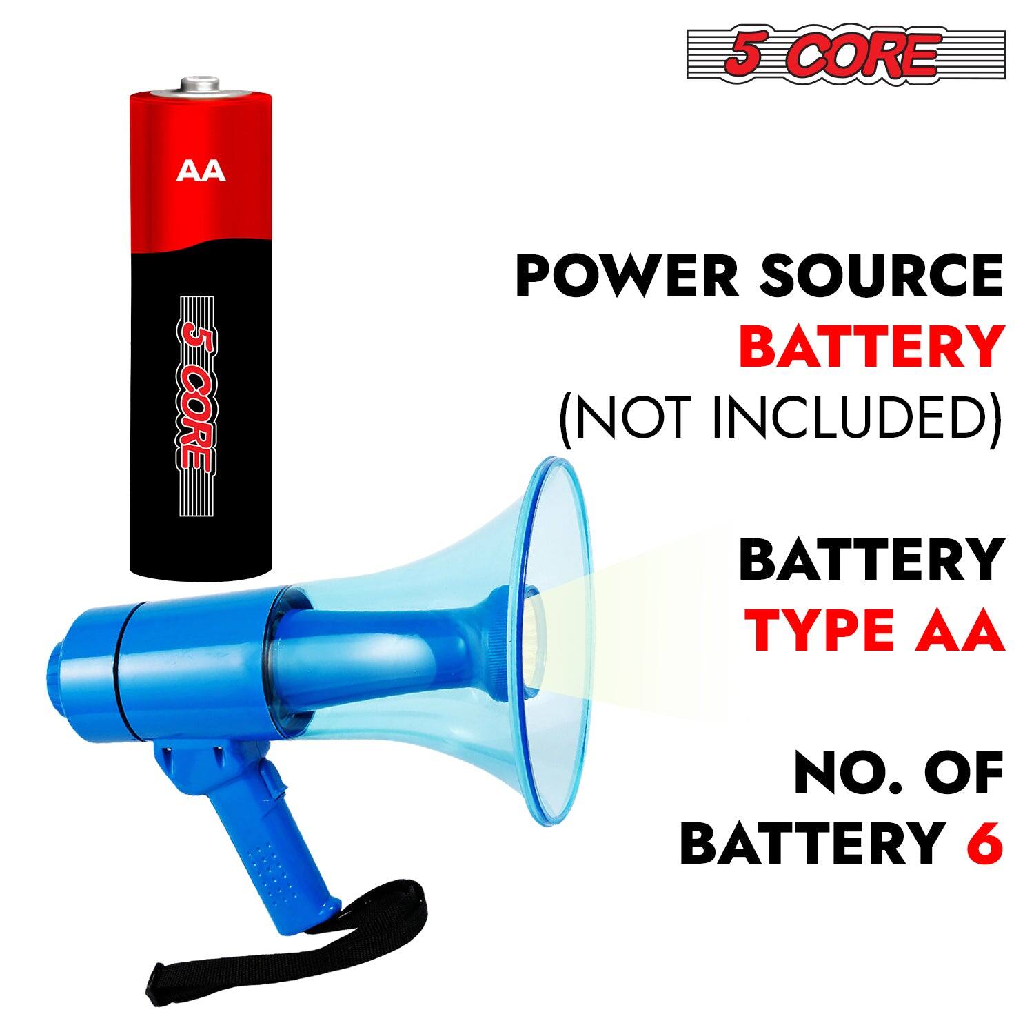 5 CORE POWER SOURCE BATTERY (NOT INCLUDED)  
BATTERY TYPE: AA  
NO. OF BATTERY: 6