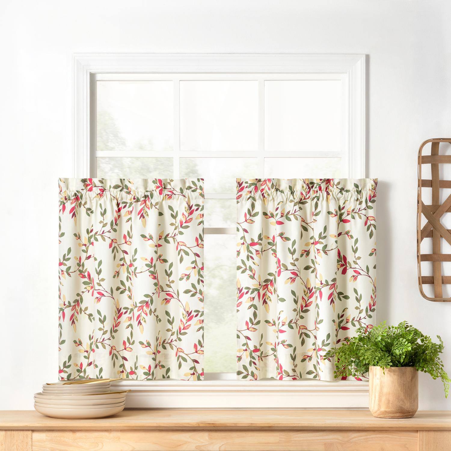 Angle. Ellis Curtain - Ellis Vintage Stylish Medium Scale Printed Vine Pattern 1.5" Rod Pocket Tier for Windows 56"x24" Pecan - Pecan.