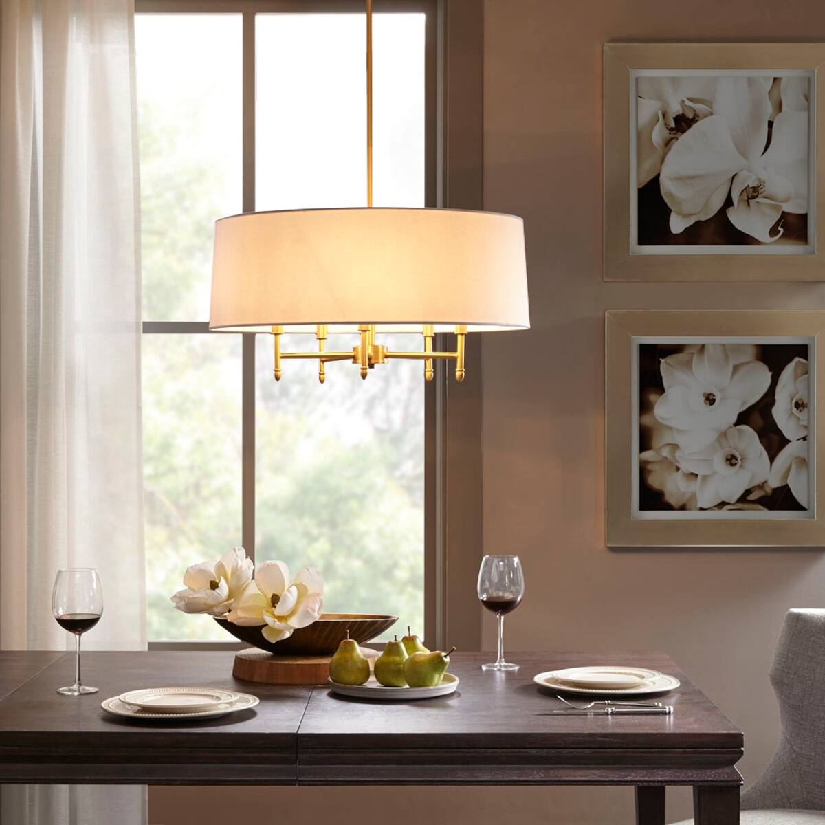 Alt View 1. Loheer - Loheer 5 Light Chandelier with White Drum Shade, Adjustable Plated Brass Fixture.