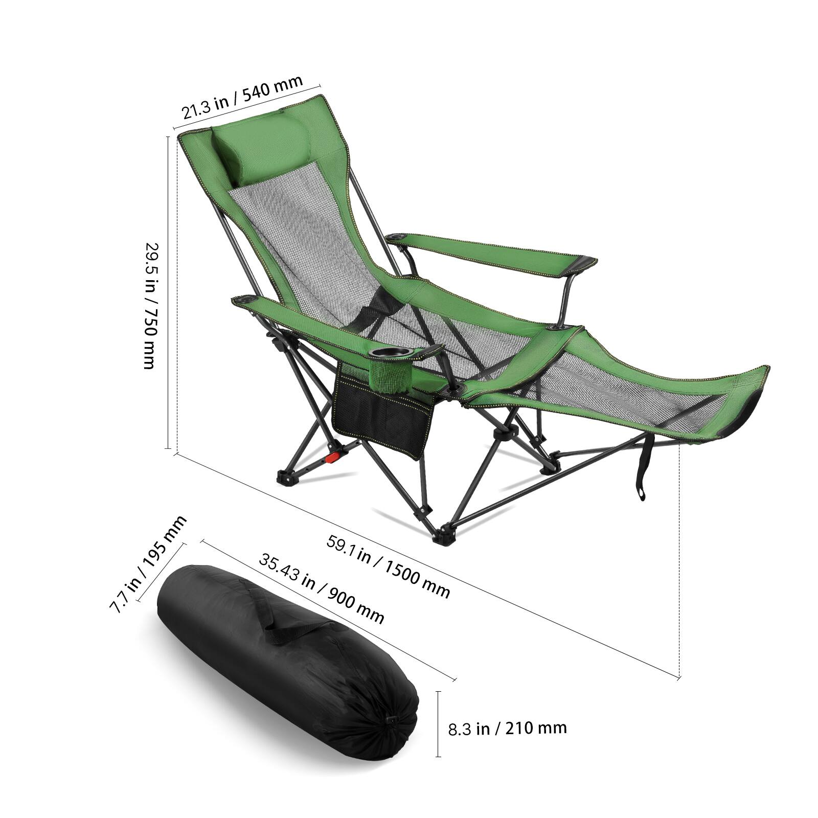 - Height: 21.3 in / 540 mm
- Width: 29.5 in / 750 mm
- Depth: 35.43 in / 900 mm
- Seat Height: 59.1 in / 1500 mm
- Armrest Height: 8.3 in / 210 mm
- Pillow Size: 7.7 in / 195 mm