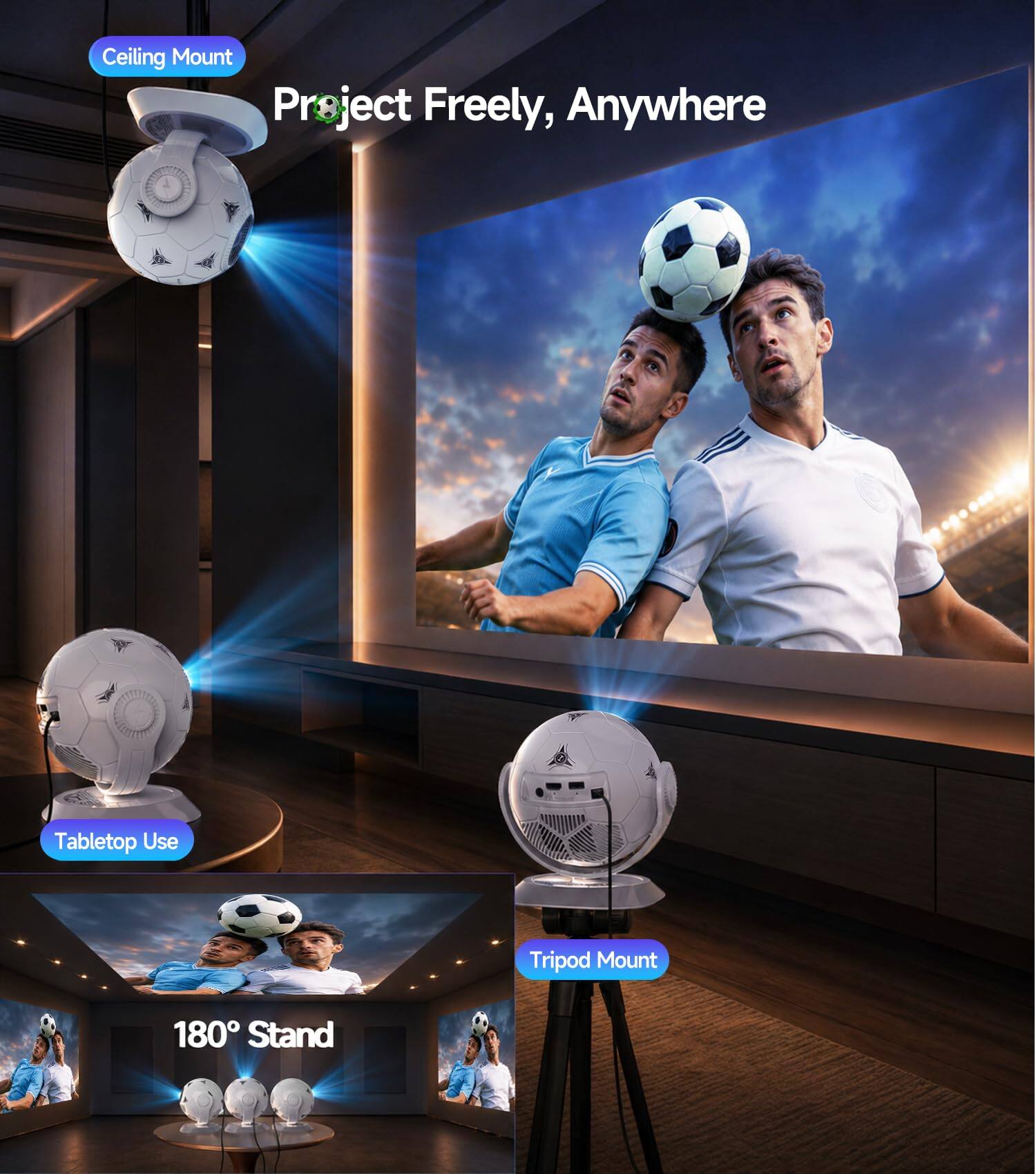 Ceiling Mount  
Project Freely, Anywhere  

Tabletop Use  

Tripod Mount  

180° Stand