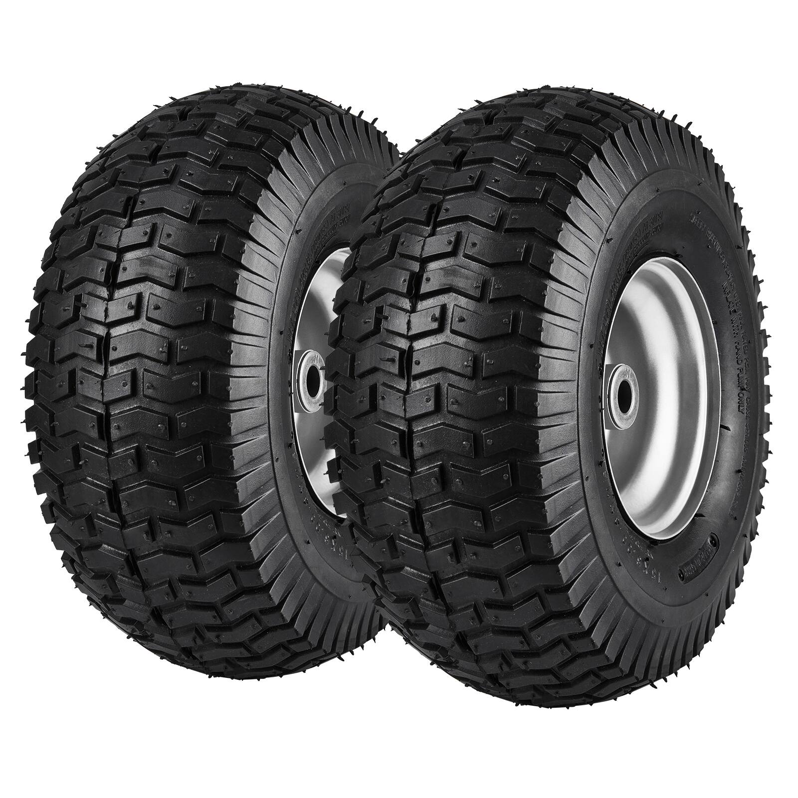 Front. VEVOR - Lawn Mower Tires, 15x6-6" Lawn Tractor Tires, 2-Pack Tire and Wheel Assemblies,Turf Pneumatic Tires with 3" Centered Hub - Black.