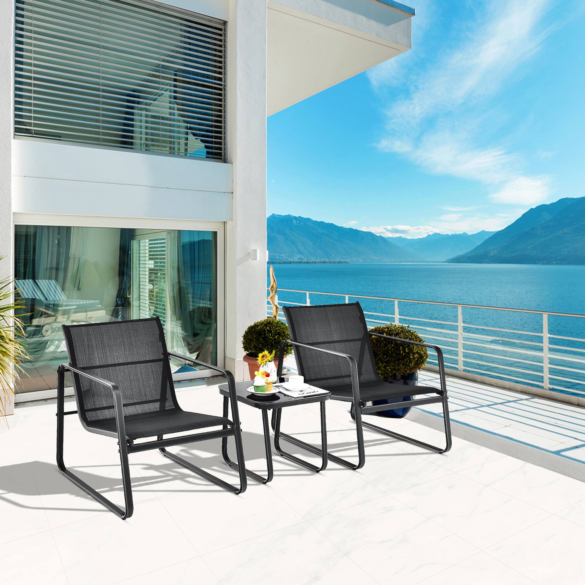 Alt View 4. Gymax - Gymax 3PCS Patio Bistro Set Conversation Furniture Set w/ Fast-Drying Fabric - Black.