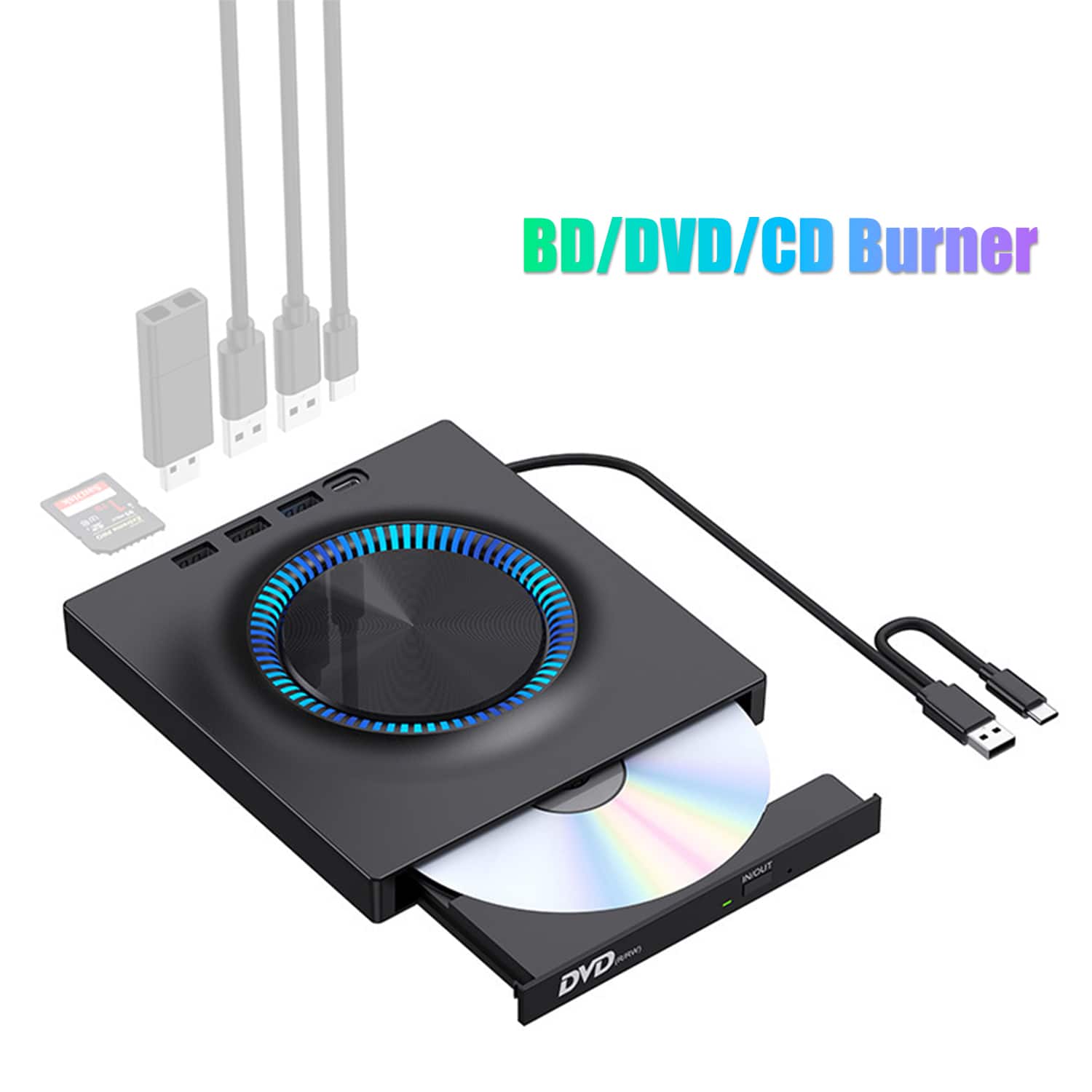 Skanty Furniture - External Blu-Ray Drive, BD/DVD/CD Burner/Reader and Writer with USB A/USB C/SD Port, RGB light, for Windows, Mac&Linux - Black