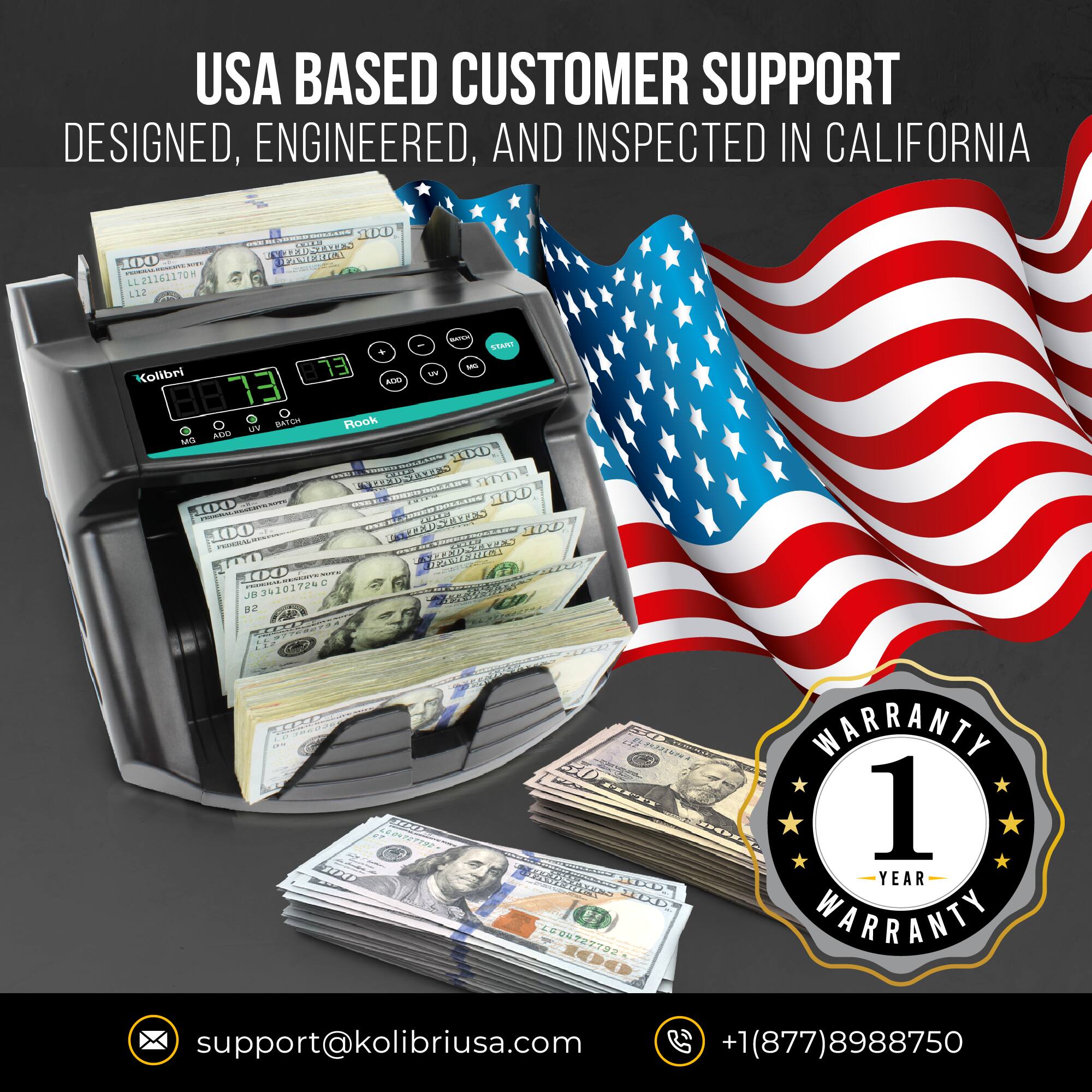 USA BASED CUSTOMER SUPPORT  
DESIGNED, ENGINEERED, AND INSPECTED IN CALIFORNIA  

Kolibri  
Rook  

WARRANTY  
1 YEAR WARRANTY  

support@kolibriusa.com  
+1 (877) 8988750