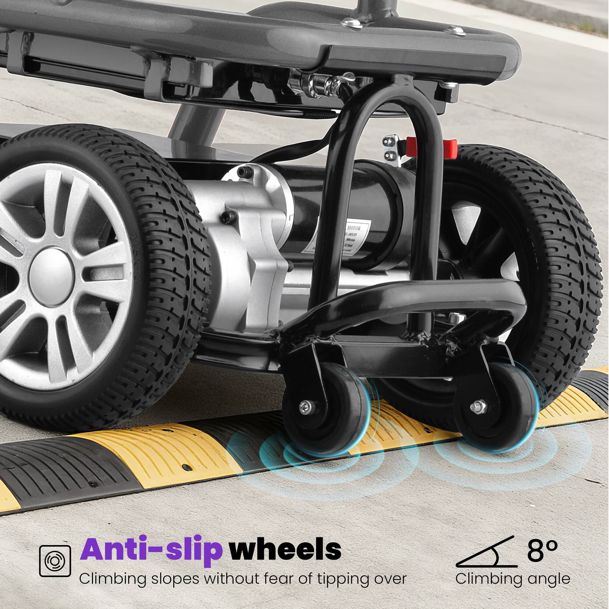 Anti-slip wheels  
Climbing slopes without fear of tipping over  

8°  
Climbing angle