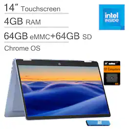 HP - Chromebook X360 14b 14" FHD Touchscreen 2-in-1 Laptop - Intel N100 - 4GB Memory - 64GB+64GB SD Card - Sky Blue