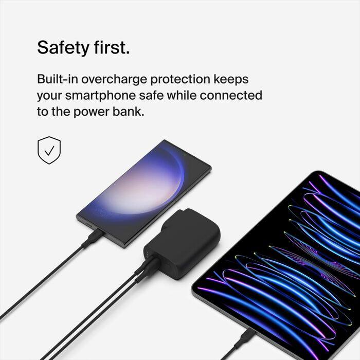 Safety first.  
Built-in overcharge protection keeps your smartphone safe while connected to the power bank.