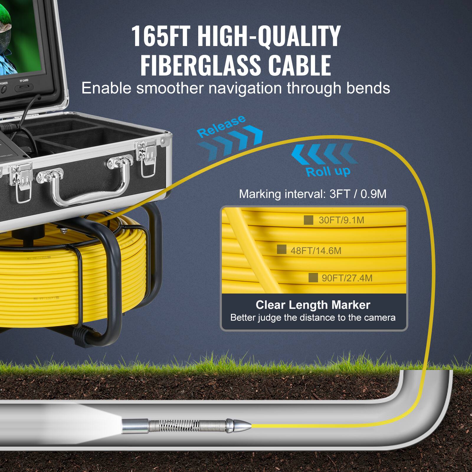 165FT HIGH-QUALITY FIBERGLASS CABLE  
Enable smoother navigation through bends  

Release  
Roll up  

Marking interval: 3FT / 0.9M  
30FT/9.1M  
48FT/14.6M  
90FT/27.4M  

Clear Length Marker  
Better judge the distance to the camera