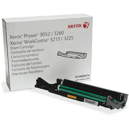 Xerox Phaser 3052 / 3260
Xerox WorkCentre 3215 / 3225
Drum Cartridge
Cartouche de tambour
Cartuccia tamburo
Trommelkartusche
Cartucho del tambor
Cartucho do fotoreceptor
Картридж барабана
101R00474
www.xerox.com