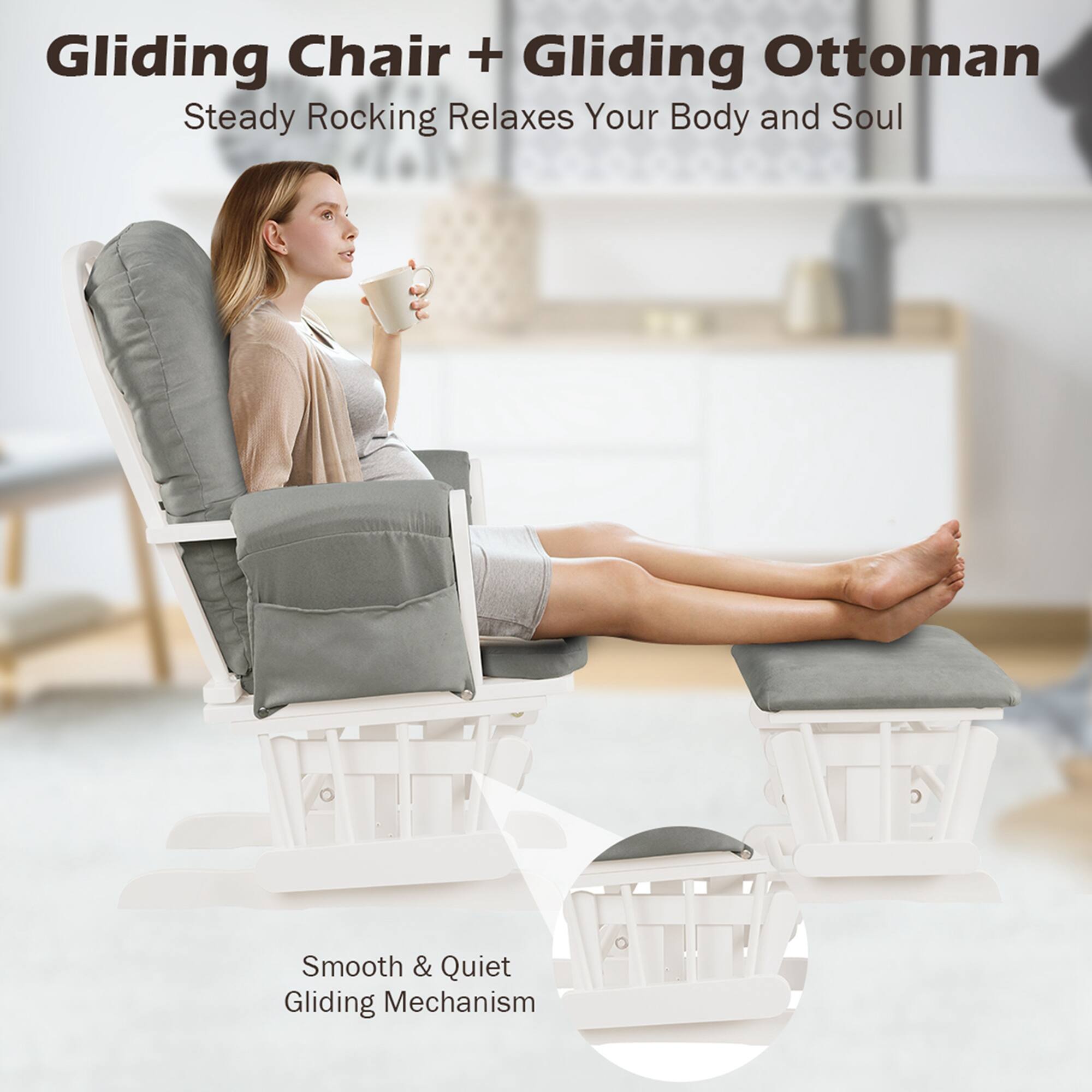 Gliding Chair + Gliding Ottoman: Steady Rocking Relaxes Your Body and Soul. Smooth & Quiet Gliding Mechanism.