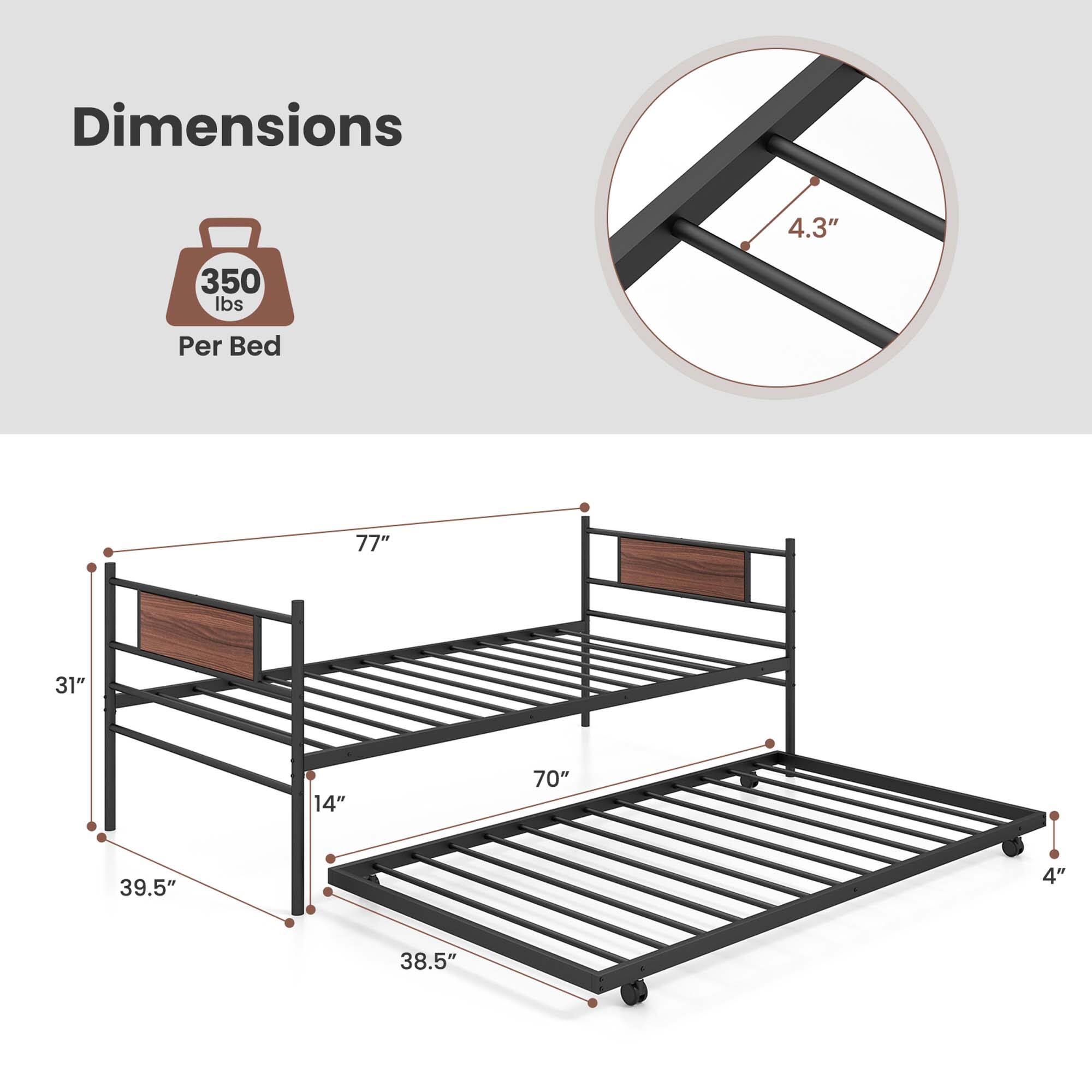 Dimensions: 4.3" 350 lbs per bed, 77" 31" 14" 70" 39.5" 4" 38.5".