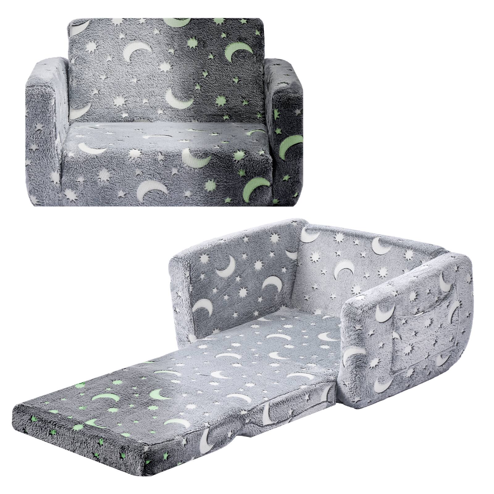 Front. VEVOR - 2-in-1 Kids Sofa, Foldable Toddler Soft Couch with Armrests, Glow in the Dark Kids Couch Fold Out with 28D Sponge - Gray.