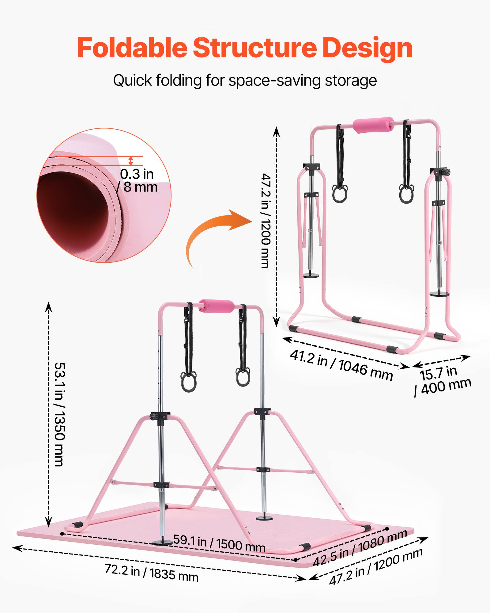 Foldable Structure Design  
Quick folding for space-saving storage  

0.3 in / 8 mm  
47.2 in / 1200 mm  
53.1 in / 1350 mm  
41.2 in / 1046 mm  
15.7 in / 400 mm  
59.1 in / 1500 mm  
72.2 in / 1835 mm  
42.5 in / 1080 mm  
47.2 in / 1200 mm