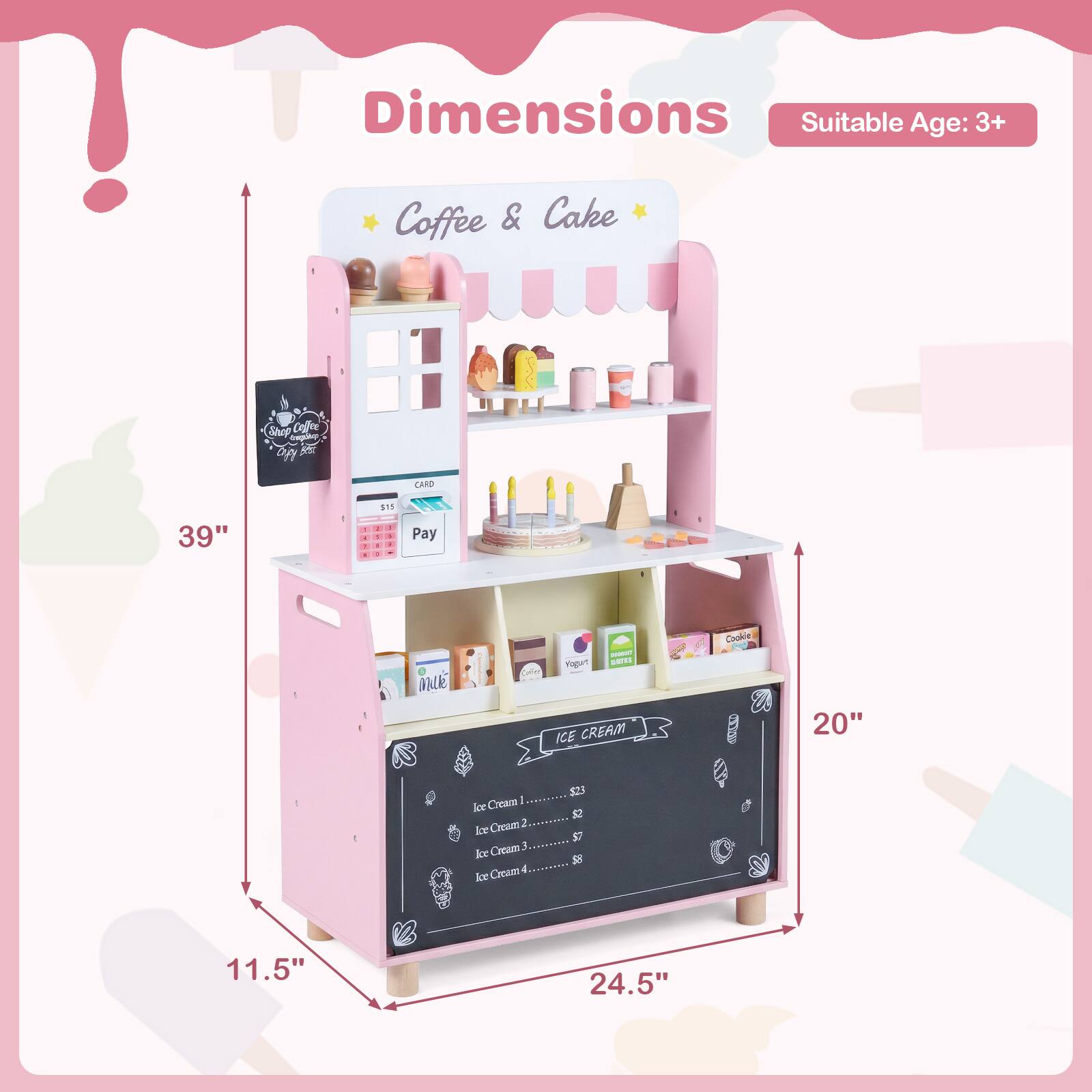 Dimensions Suitable Age: 3+ Coffee & Cake

Shop Coffee Pruglikup cipy Bett

CARD
$15

Pay

PRODUCT
Mogurt GATES ICE CREAM
Cookie

39"
20"
11.5"
24.5"