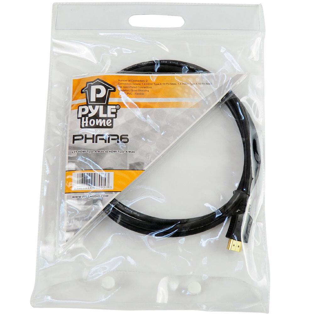 DIPETAR AMM STYLE  
s0 Number  
Connectors 2  
Connectors Details 14  
HDMI Type A TO P  
Mas 14 HDL  
10 & 19  
Us Sabld-iated Confections  
Atation Gd Shading P PVC - ixbie  
PYLE Home PHRA6  
THOME yae 8 Na  
HLMI Type Nate 2651  
WWW.PYLEAUDIO.COM  

Number of Connectors: 2  
1 x Gold-Plated HDMI Type A Male to HDMI Type A Male  
1 x Gold-Plated HDMI Type A 19 Pin Male - 1.4 HDL - Type A 19 Pin Male  
Gold-Plated Connectors  
Quad Shielding  
PVC - Flexible  
PYLE Home PHRA6  
6 FT HDMI Type A Male to HDMI Type A Male  
www.pyleaudio.com