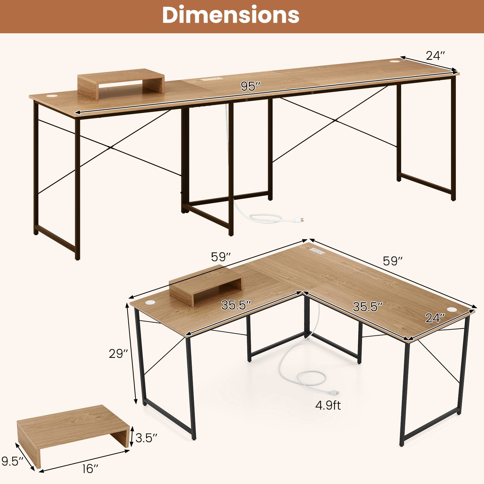 Dimensions: 24", 95", 59", 59", 35.5", 35.5", 24", 29", 4.9ft, 3.5", 9.5", 16"