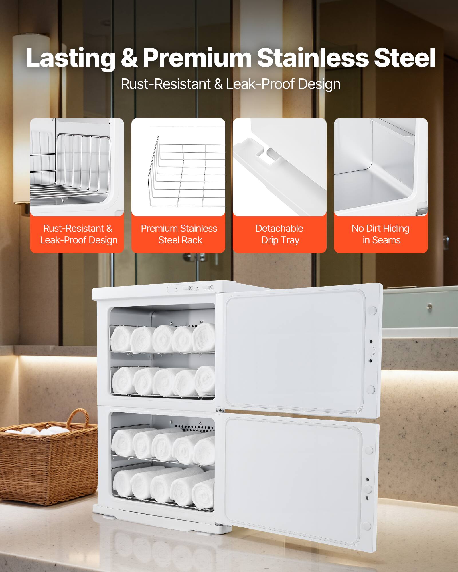 Lasting & Premium Stainless Steel  
Rust-Resistant & Leak-Proof Design  
Premium Stainless Steel Rack  
Detachable Drip Tray  
No Dirt Hiding in Seams