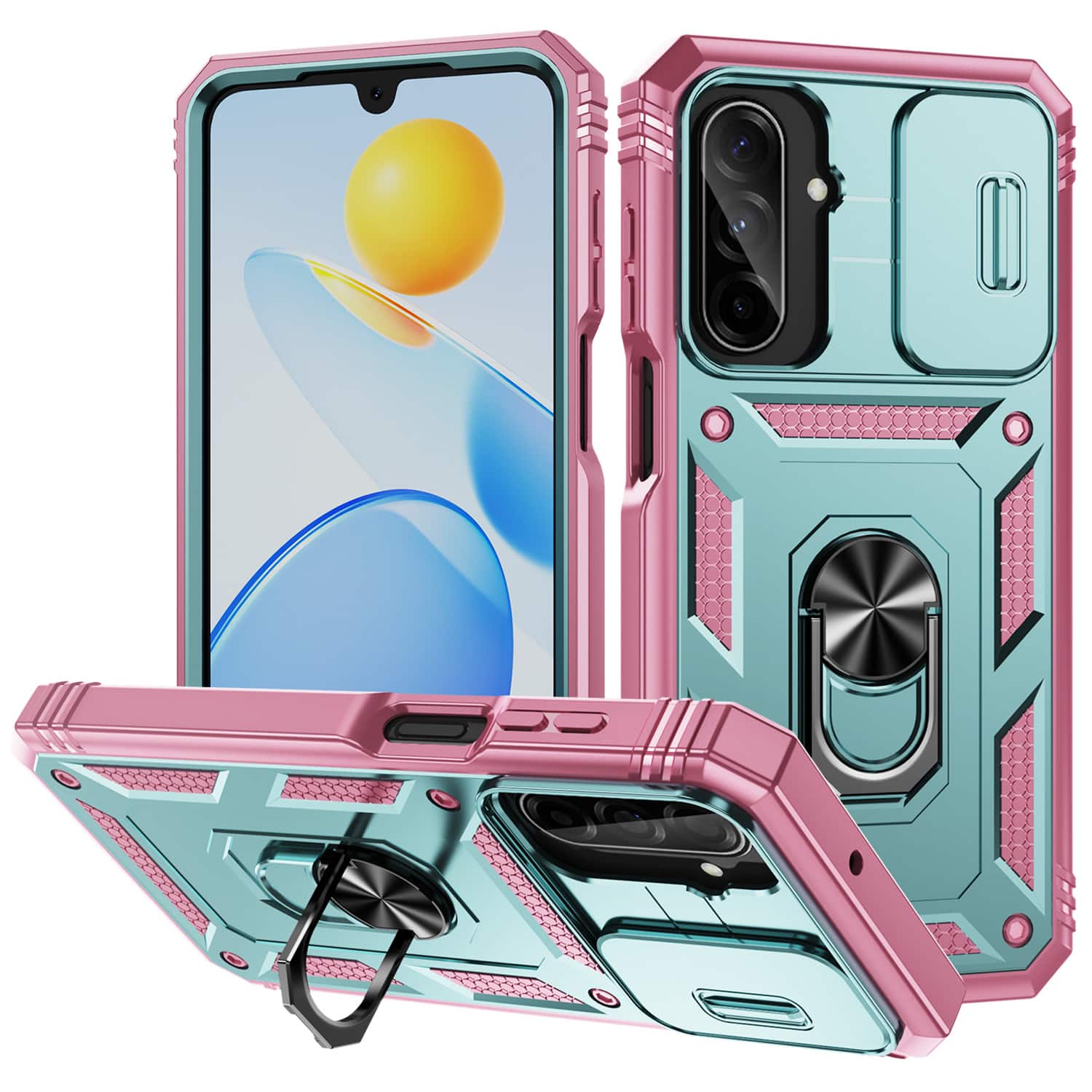 Dteck - Rotate Ring Kickstand Cover For Samsung Galaxy A55 5G, Heavy-Duty Slide Lens Rugged Shockproof Hard PC TPU Case - Green/Pink price history on PriceWatchPro