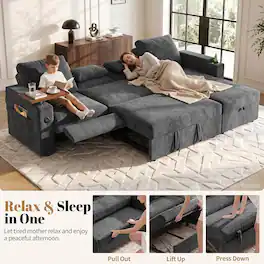 Anysun - 108" 3-in-1 Foldable Sofa Bed with Storage Compartment – Left Seat with Table Board & USB Port, Dual Armrest Storage - Dark Gray