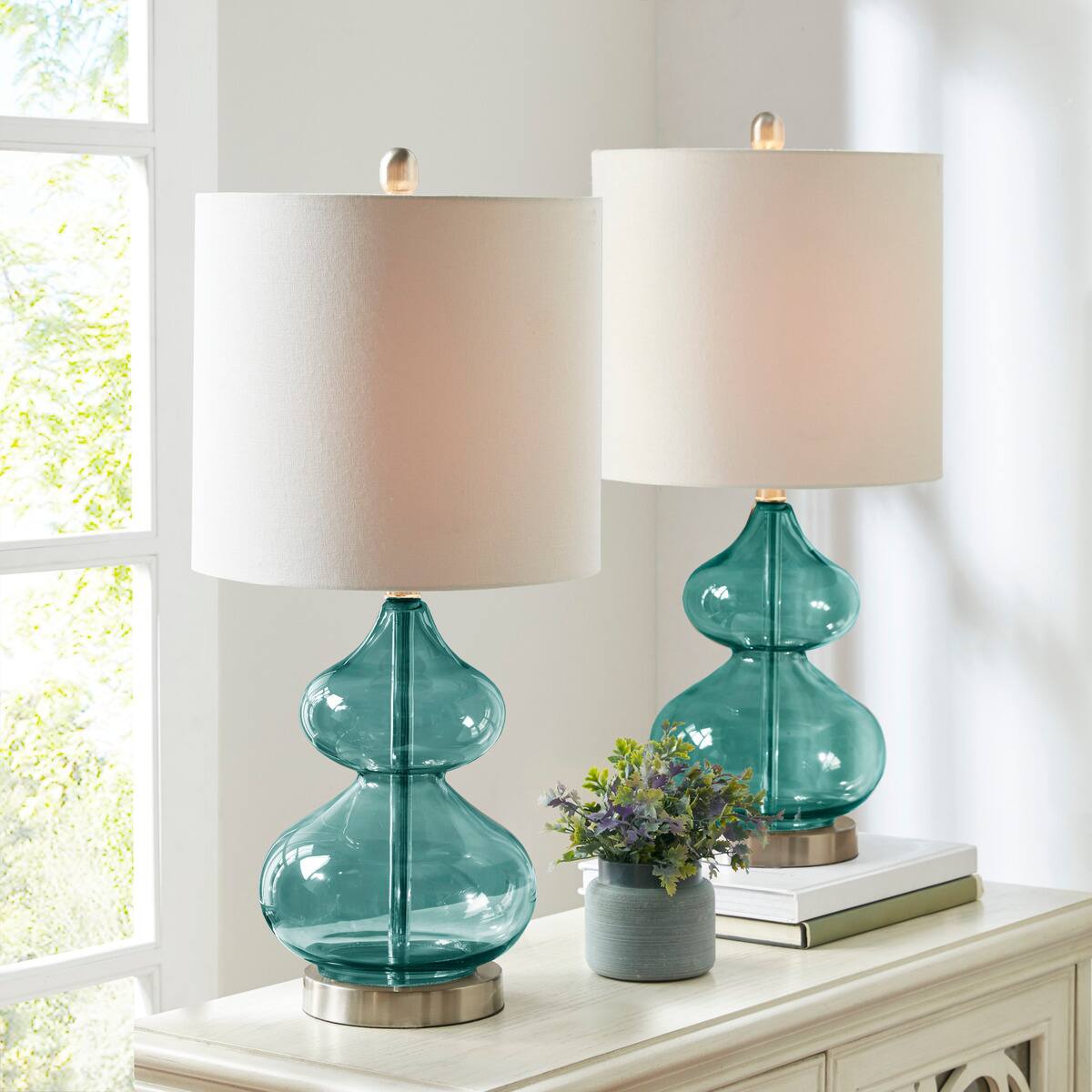 Angle. HOMLUX - 25.25 in. Blue Curved Glass Table Lamp Integrated LED for Living Room, Set of 2.