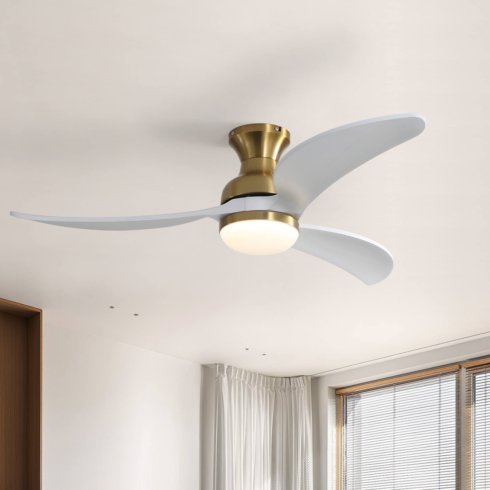 Back. Sofucor - 52 Inch Modern Outdoor Smart Wood Ceiling Fan with Lights Remote Works with Alexa/App/Google High Airflow Reversible - Gold-white wood.