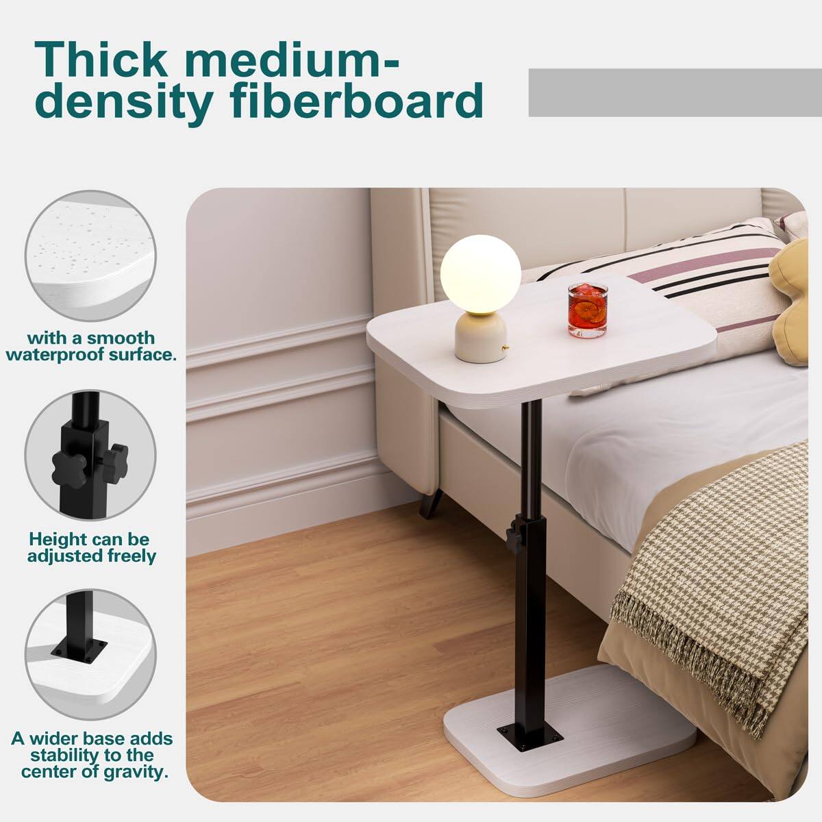 Thick medium-density fiberboard with a smooth waterproof surface. Height can be adjusted freely. A wider base adds stability to the center of gravity.