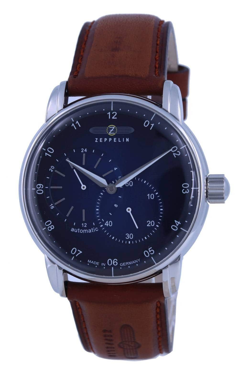 Zeppelin - New Captain's Line 21 Jewels Automatic 8662-3 86623 Mens Watch Blue Dial Leather Strap 12/24 Display 50M - Brown, Black