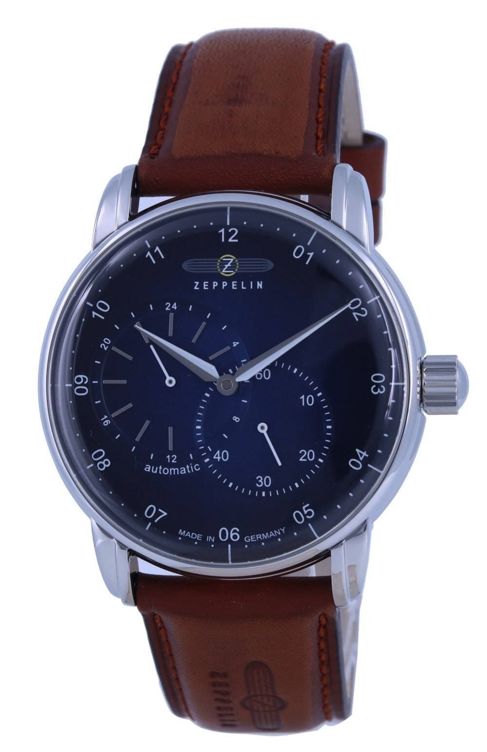 Zeppelin - New Captain's Line 21 Jewels Automatic 8662-3 86623 Mens Watch Blue Dial Leather Strap 12/24 Display 50M - Brown, Black