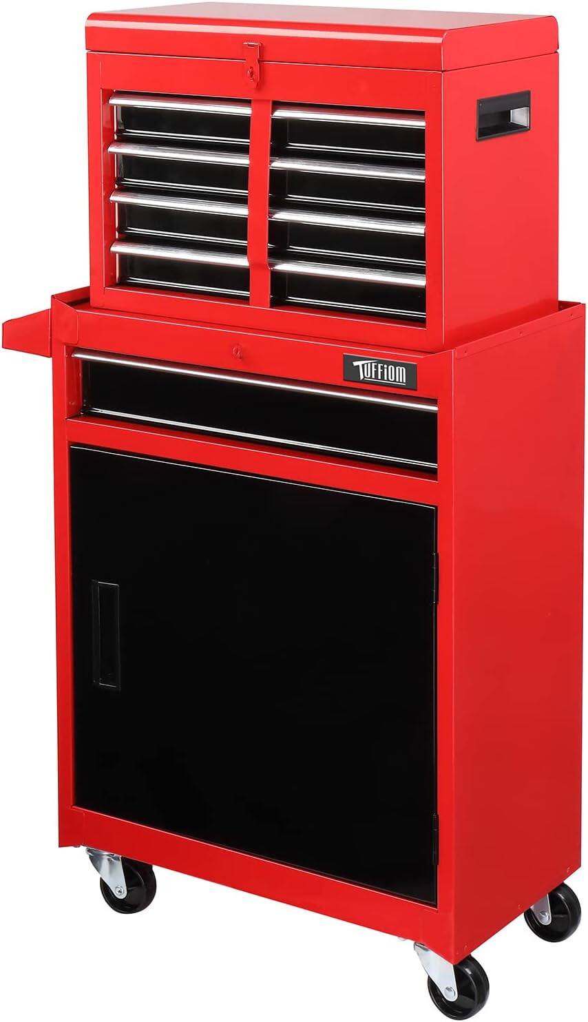 Angle. Winado - 5-Drawer Rolling Tool Chest Storage Cabinet w/Drawers, Wheels, Detachable Top - Red & Black.